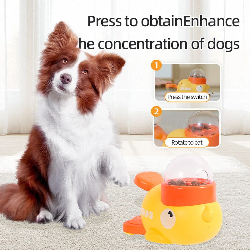 Chien utilisant le distributeur de croquettes canard